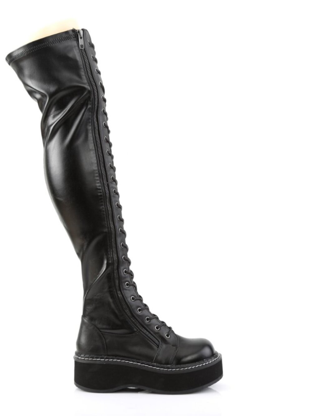 Platform Stretch Vegan Leather Thigh-High Boots with Outer Metal Zip Closure
